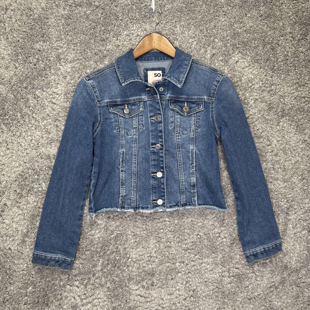 So Girls Cropped Denim Jean Jacket Size Large (10/12) Snap Button Stretch